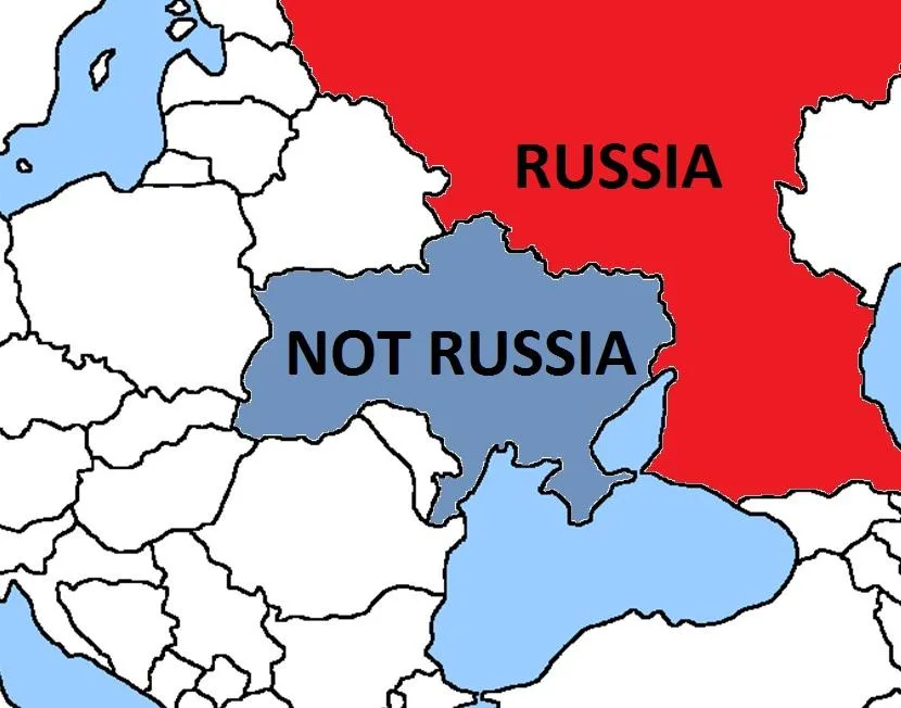 A map shows a large red area labeled 'RUSSIA' and a smaller blue area labeled 'NOT RUSSIA' adjacent to it, with surrounding…