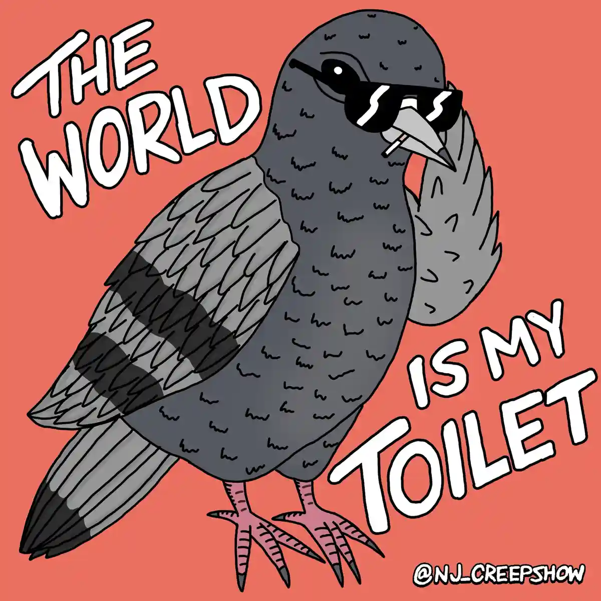 A cartoon pigeon wearing sunglasses and holding a cigarette in its beak stands against a solid coral background. The text…