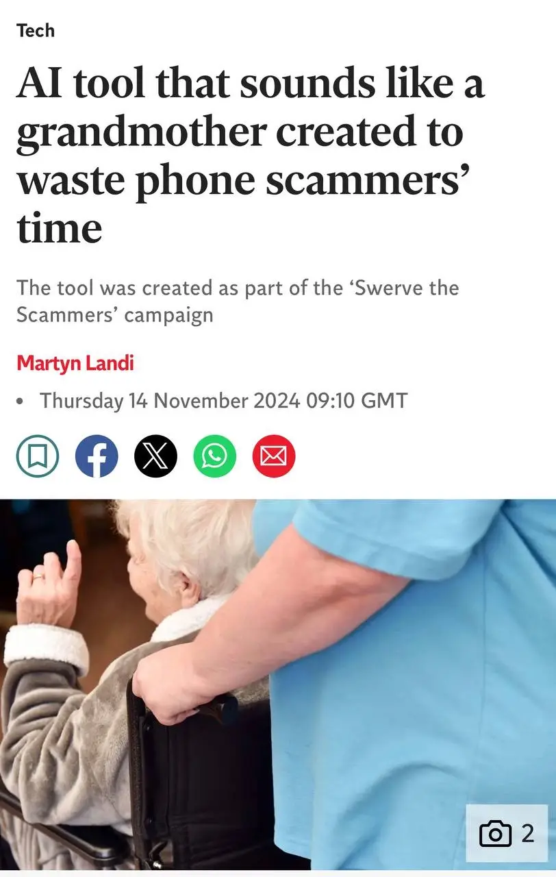A screenshot of a news article with the headline 'AI tool that sounds like a grandmother created to waste phone scammers'…