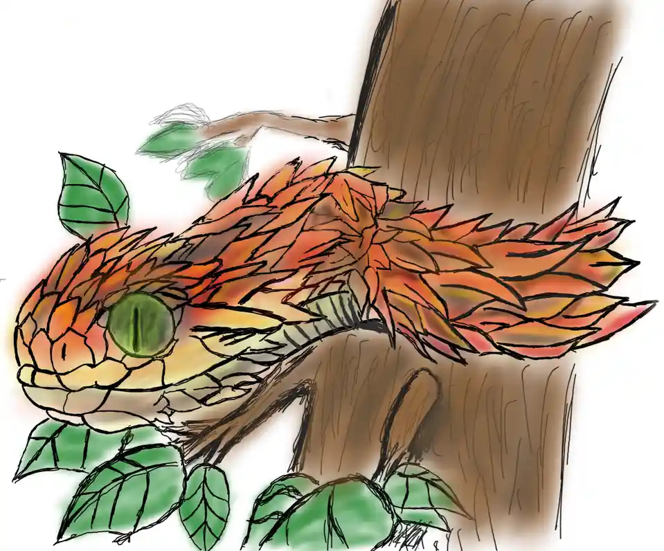 A hand-drawn illustration shows a snake with a body covered in orange, red, and yellow autumn leaves, blending into a tree…