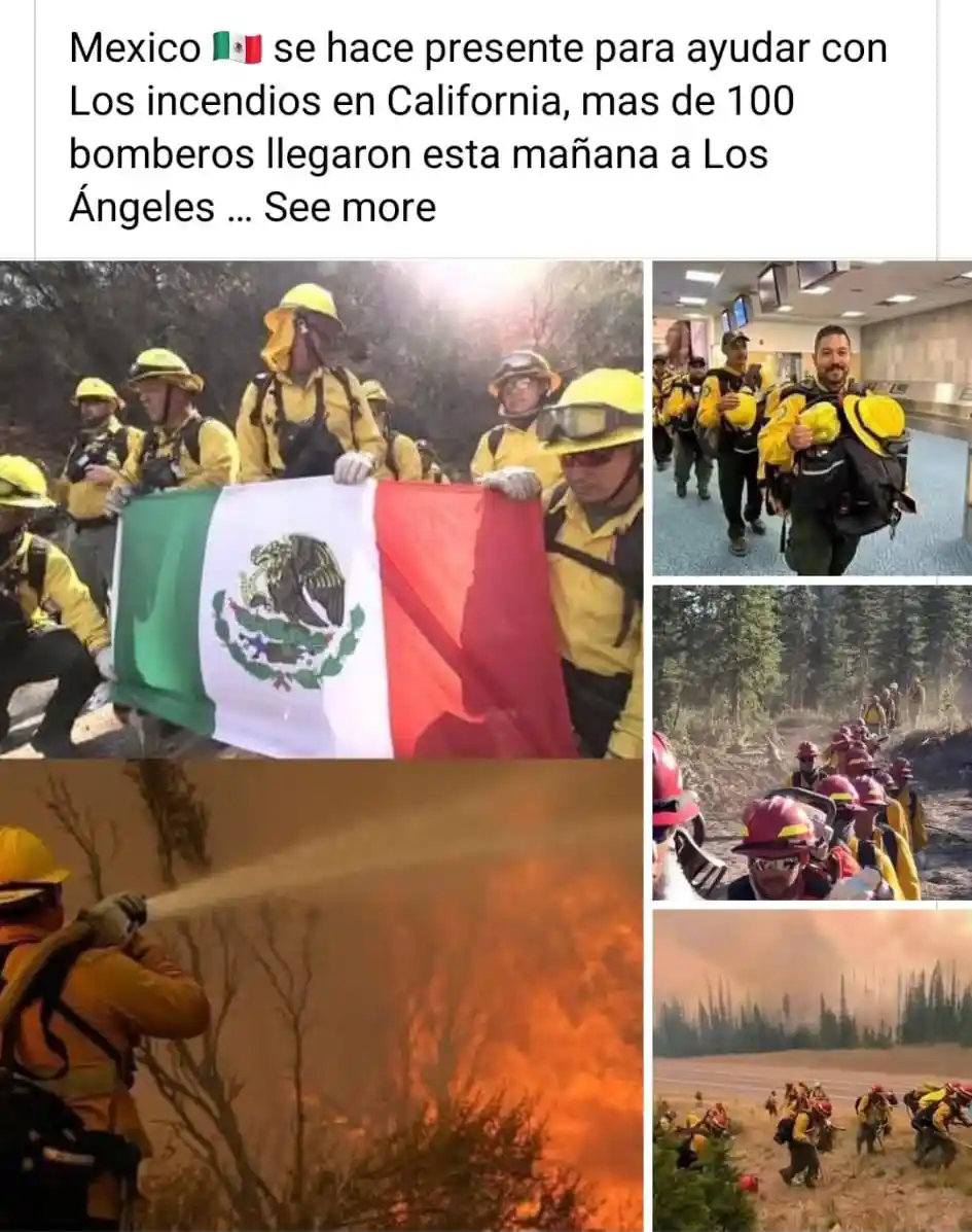 A collage of five photos shows Mexican firefighters in yellow gear assisting in California wildfires. One photo shows them…