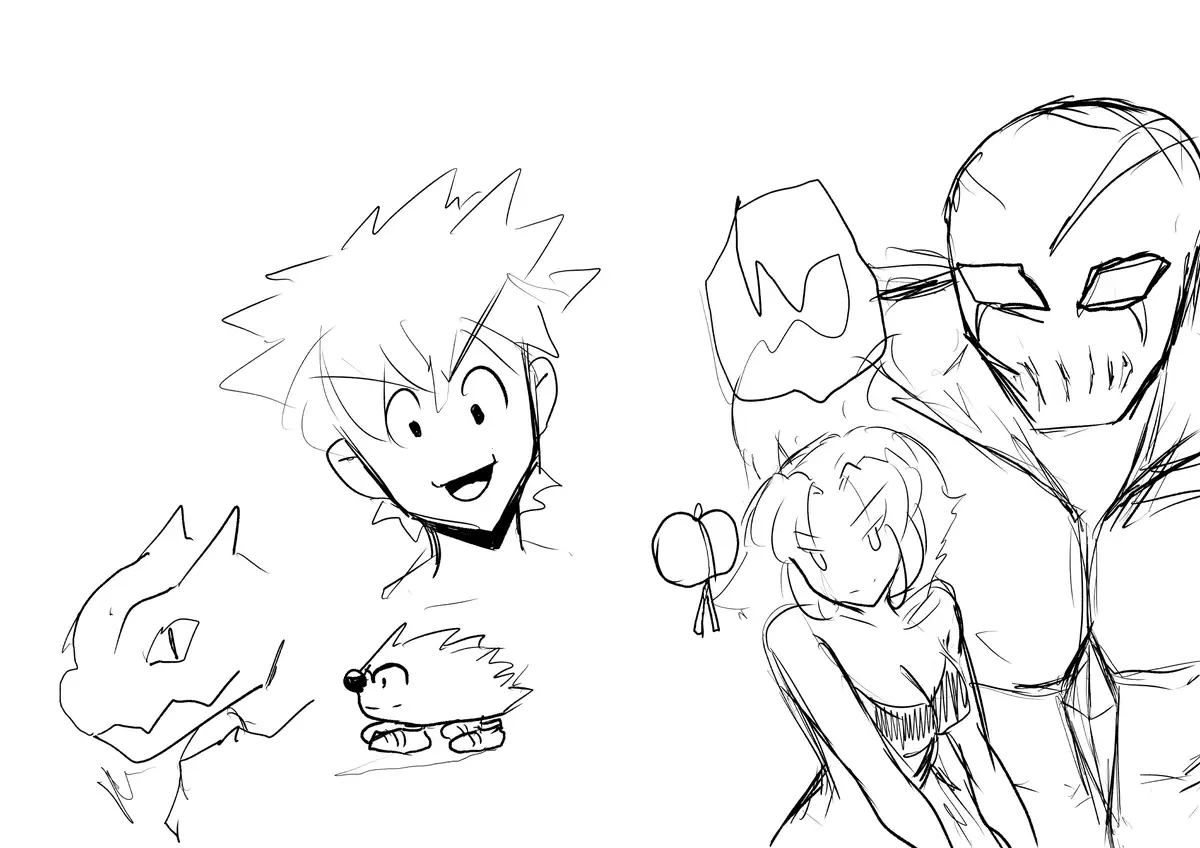A black-and-white sketch shows two groups of anime-style characters. On the left, a cheerful boy with spiky hair, a cat-like…