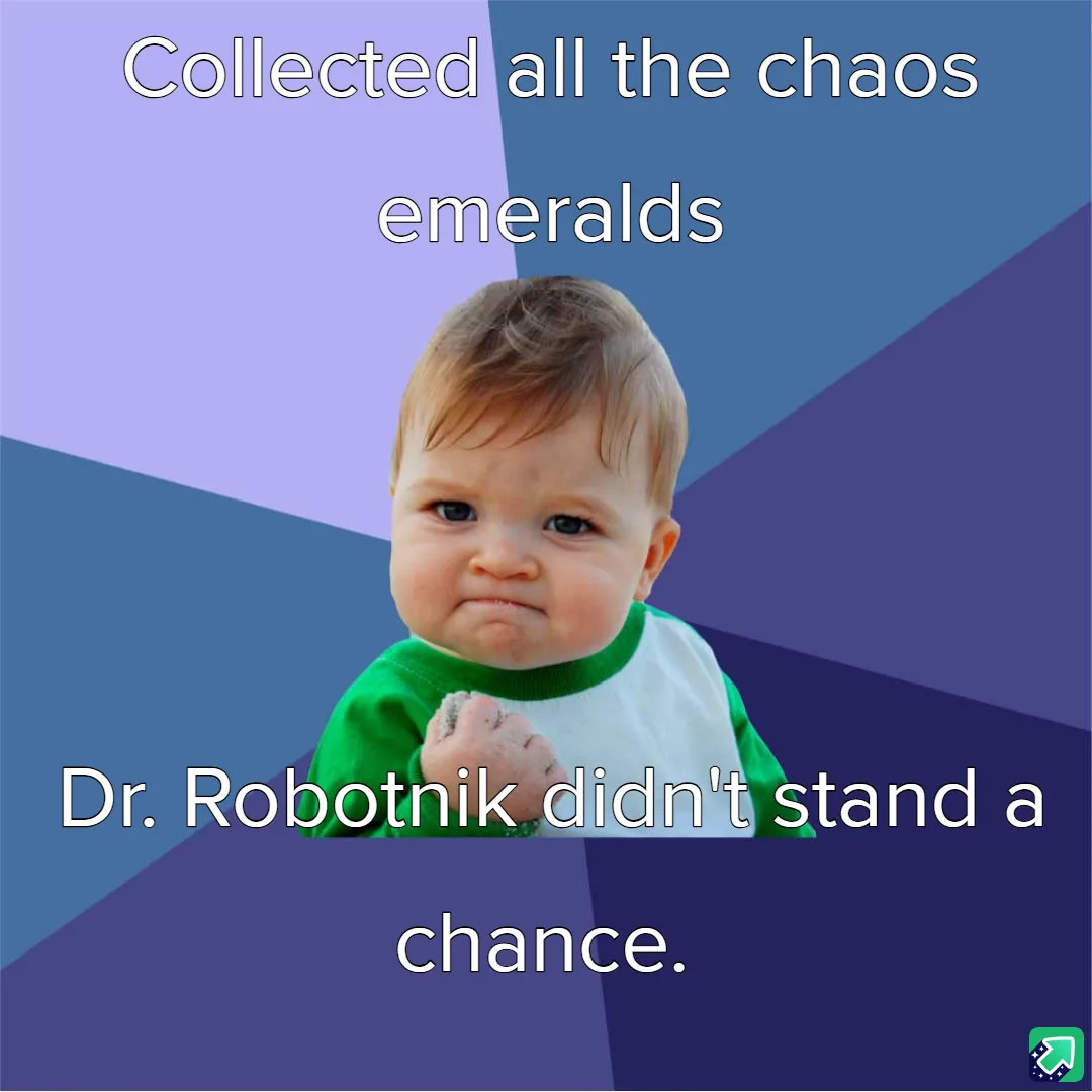 A baby with a smug, self-satisfied expression, wearing a green and white shirt, is centered against a geometric purple and…