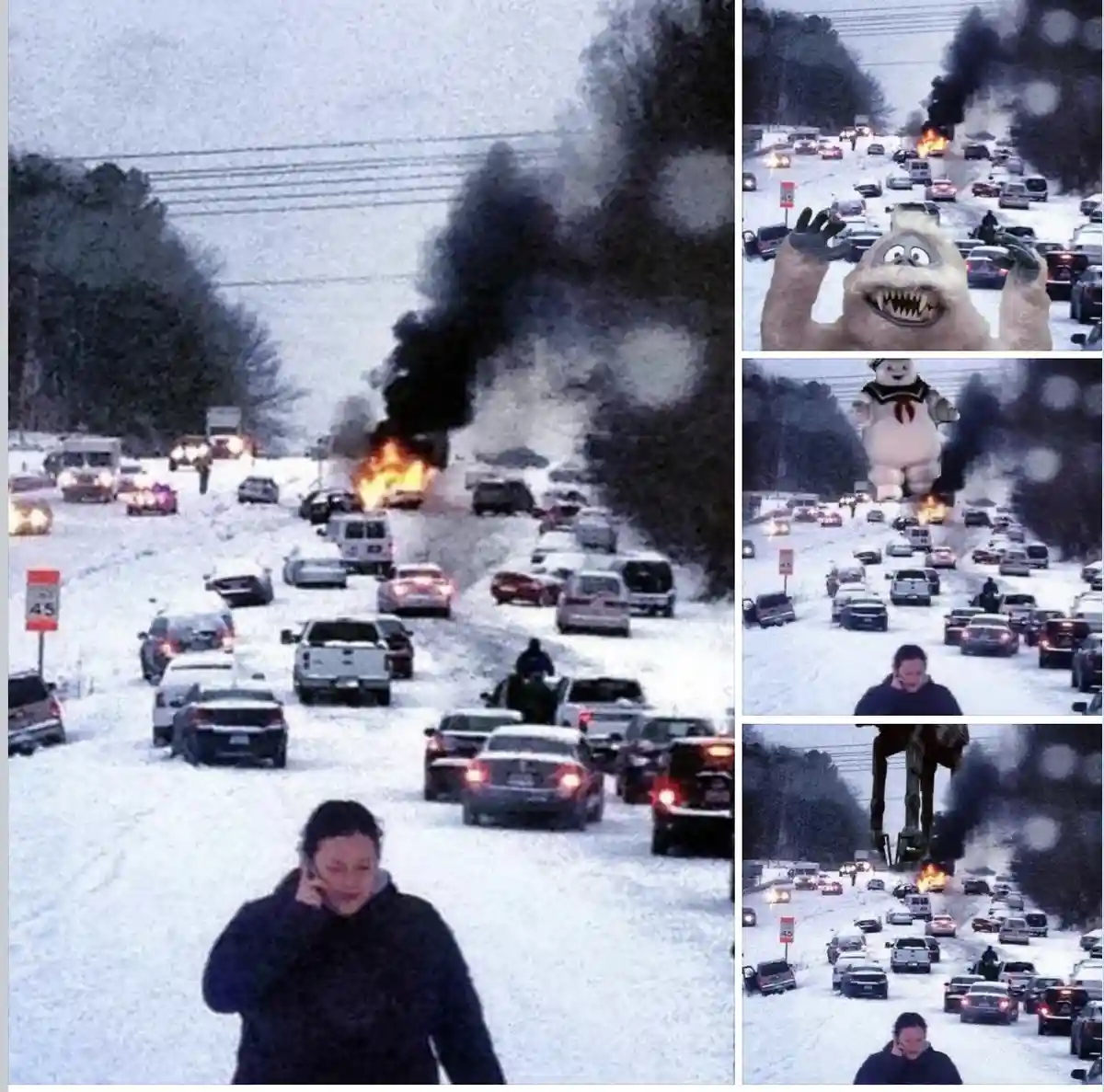 A snowy highway scene shows a woman on her phone while cars are stuck in traffic and a vehicle burns with black smoke…