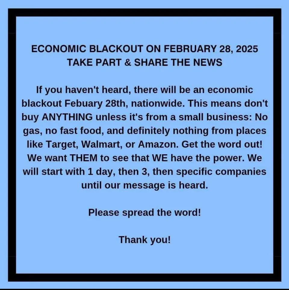A blue background with black text mimicking a fake news alert about an 'economic blackout' on February 28, 2025, urging…
