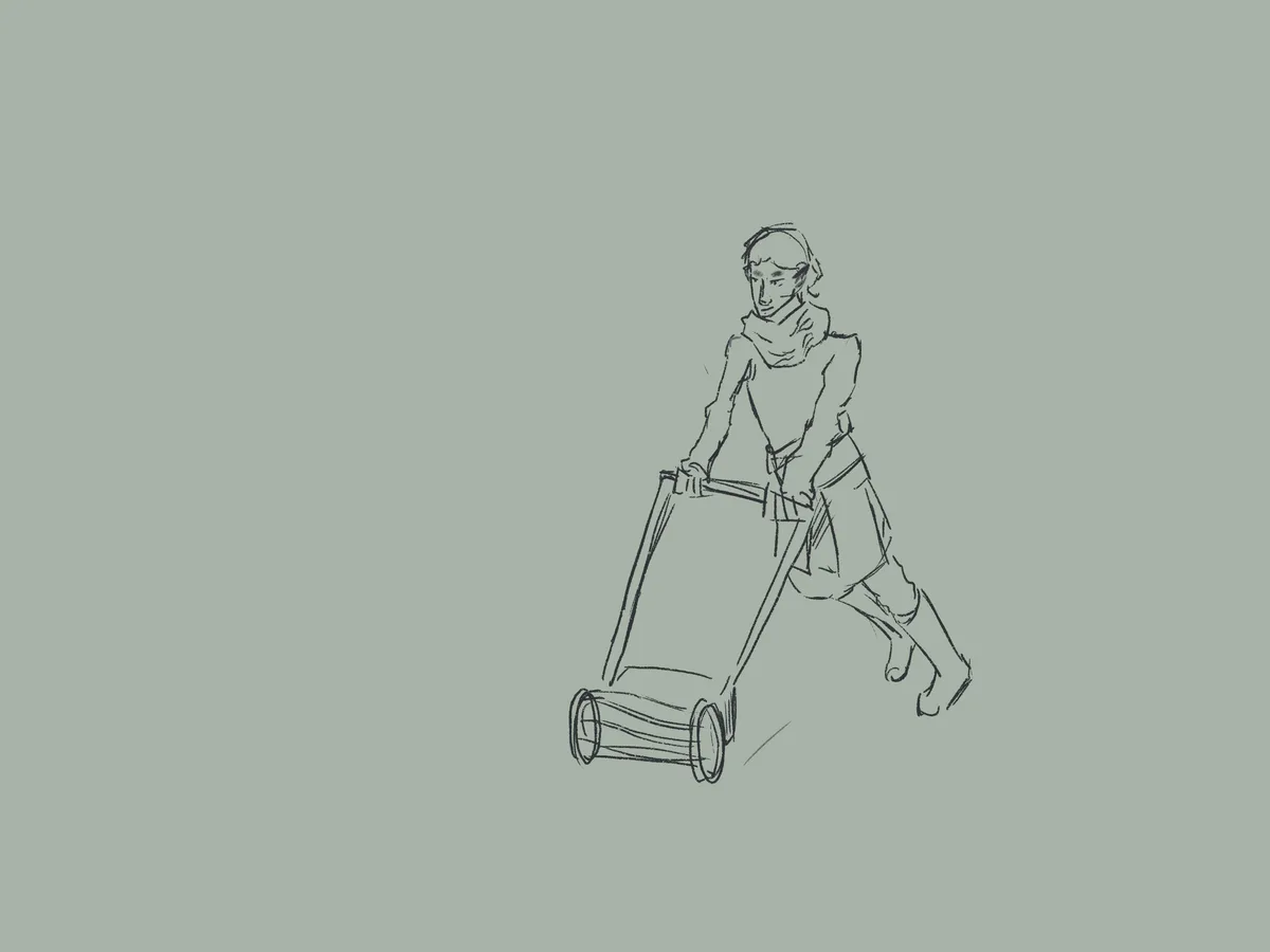 A simple black-and-white sketch shows a person pushing a lawnmower with a determined expression. The person is wearing a…