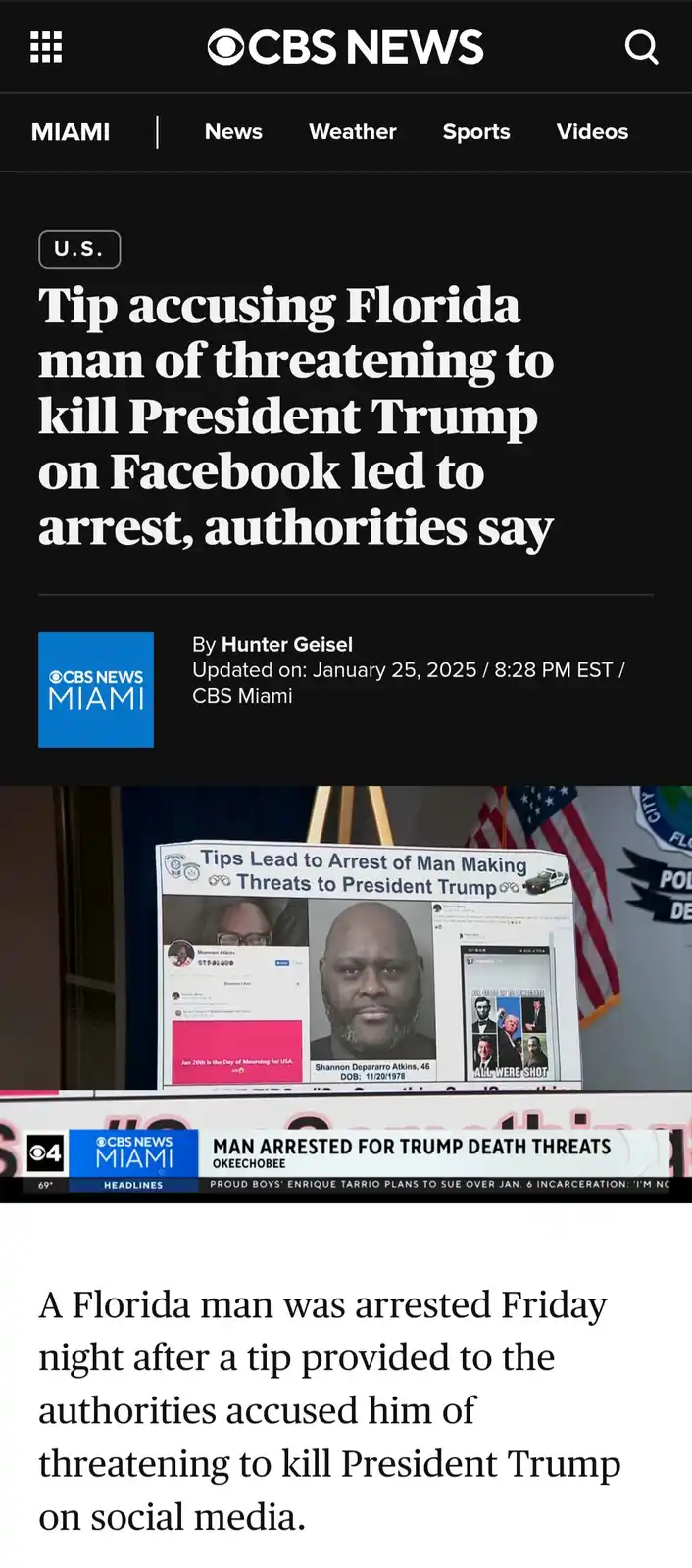 A screenshot of a CBS News Miami article about a Florida man, Shannon DePararro Atkins, being arrested after a tip led…