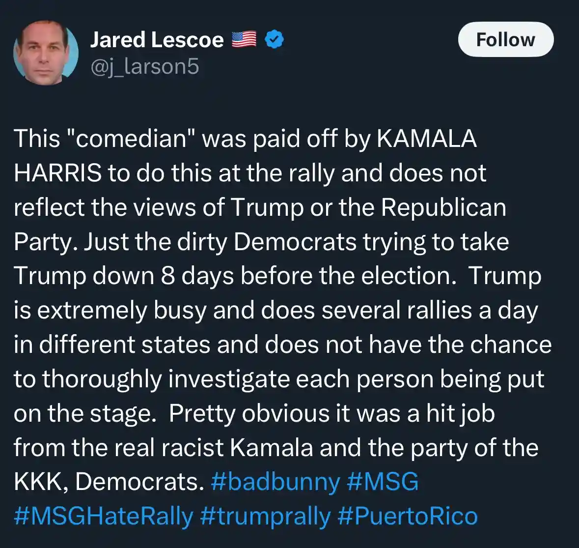 A screenshot of a tweet by Jared Lescoe (@j_larson5) with a dark background and white text. The tweet accuses Kamala Harris…