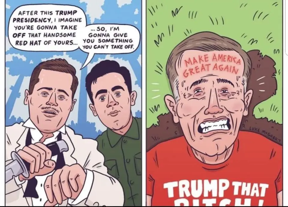 The image is a two-panel comic. The left panel shows two men, one holding a knife, with speech bubbles saying 'AFTER THIS…