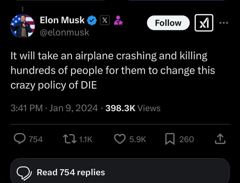 A screenshot of a tweet from Elon Musk's verified X account, showing his profile picture, handle @elonmusk, and the tweet…