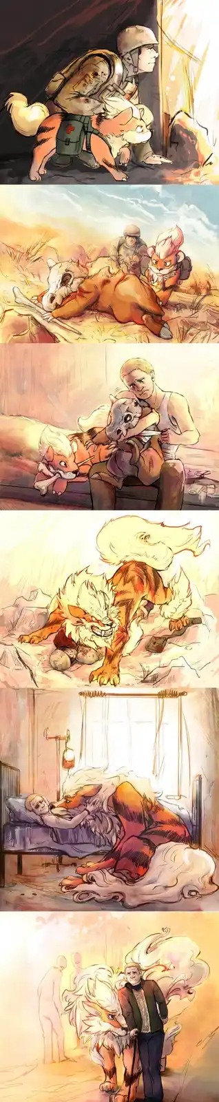 A six-panel comic strip depicts an anthropomorphic fox companion to a human soldier through various life stages: from…
