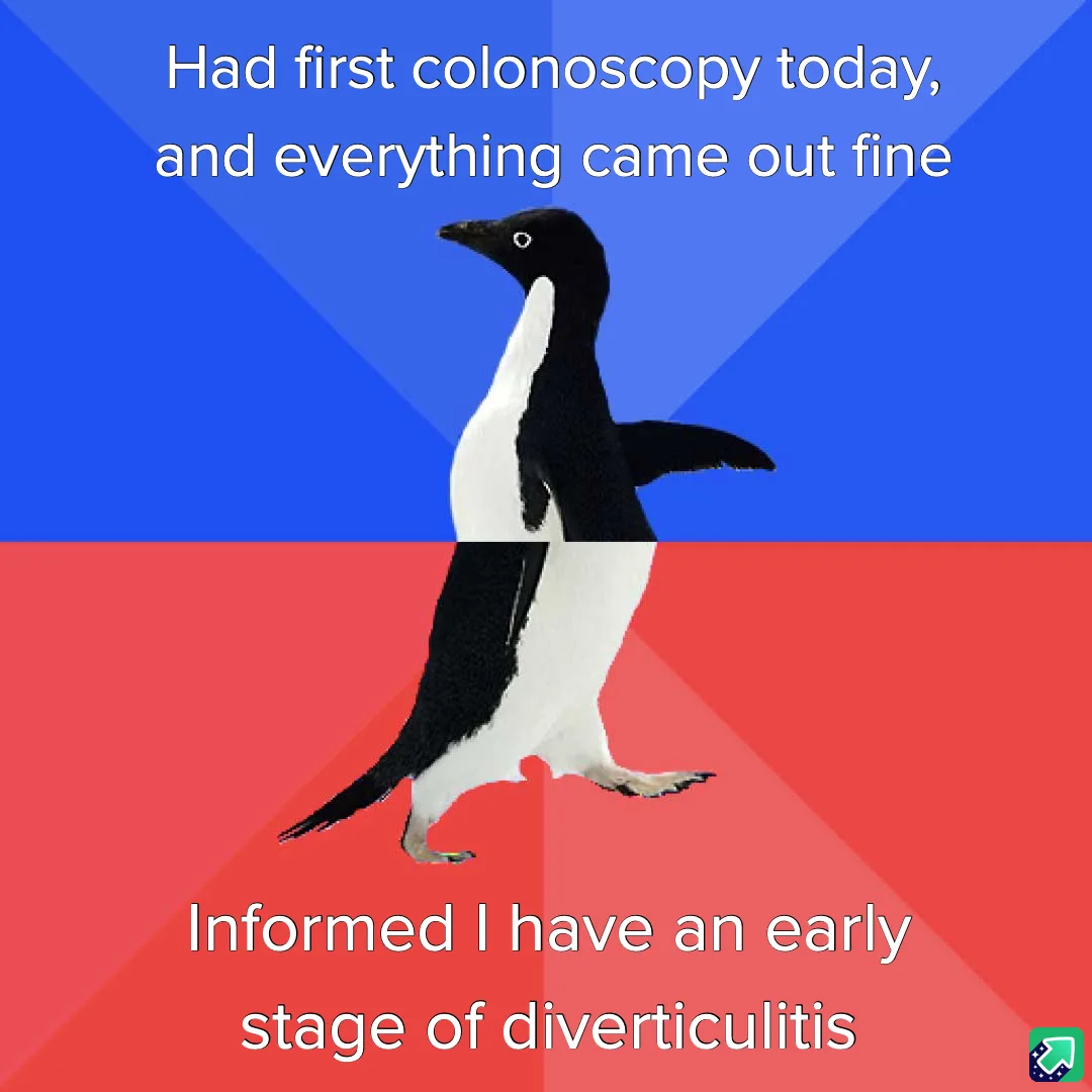 A penguin walks across a split blue and red background, with white text above stating 'Had first colonoscopy today, and…