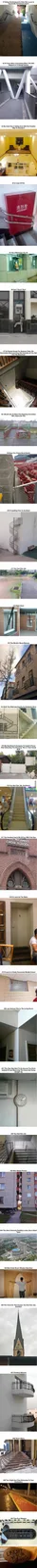 A vertical collage of 30 images showcasing absurdly poor architectural and design choices, such as a steep staircase with a…
