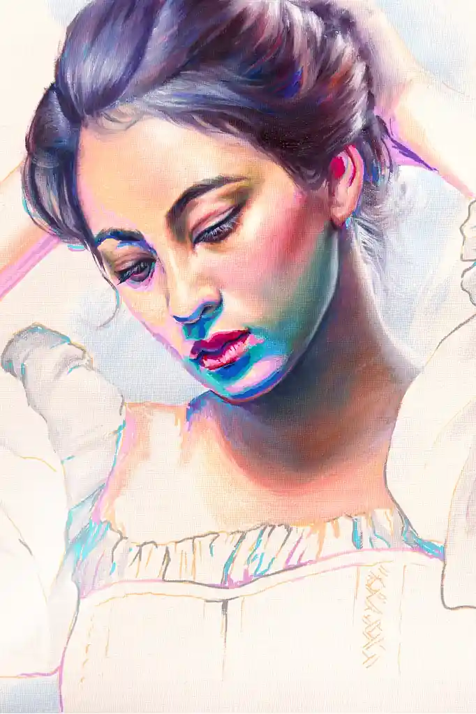 A colorful, painterly portrait of a woman with her eyes closed and head tilted down, wearing a white top with ruffled…