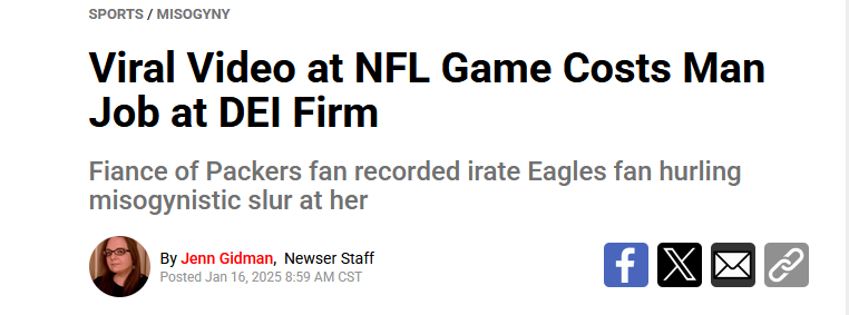 A screenshot of a news article headline reads 'Viral Video at NFL Game Costs Man Job at DEI Firm' with a subheadline stating…