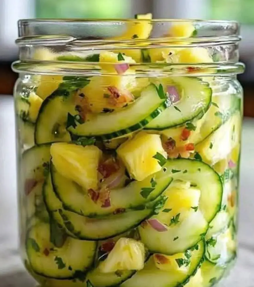 A clear glass jar filled with a colorful salad made of sliced cucumbers, chunks of pineapple, chopped red onions, and fresh…