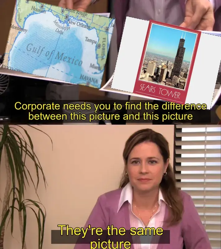 The image is a two-panel meme. The top panel shows two identical-looking postcards: one depicts a map of the Gulf of Mexico…