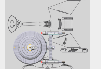 A technical line drawing of a starship, likely from a science fiction franchise, is overlaid with the text 'the ship is a…