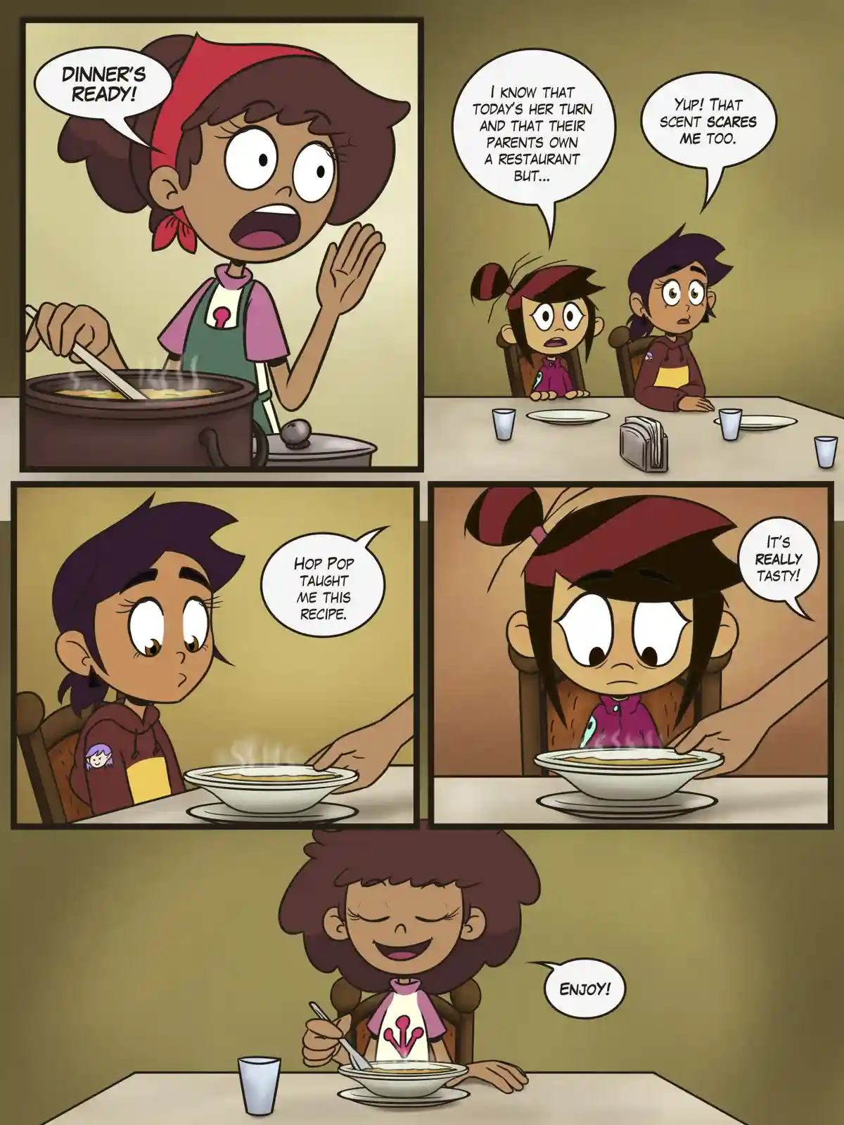 A four-panel comic strip from 'The Owl House' shows a girl proudly announcing dinner is ready, but her friends are visibly…