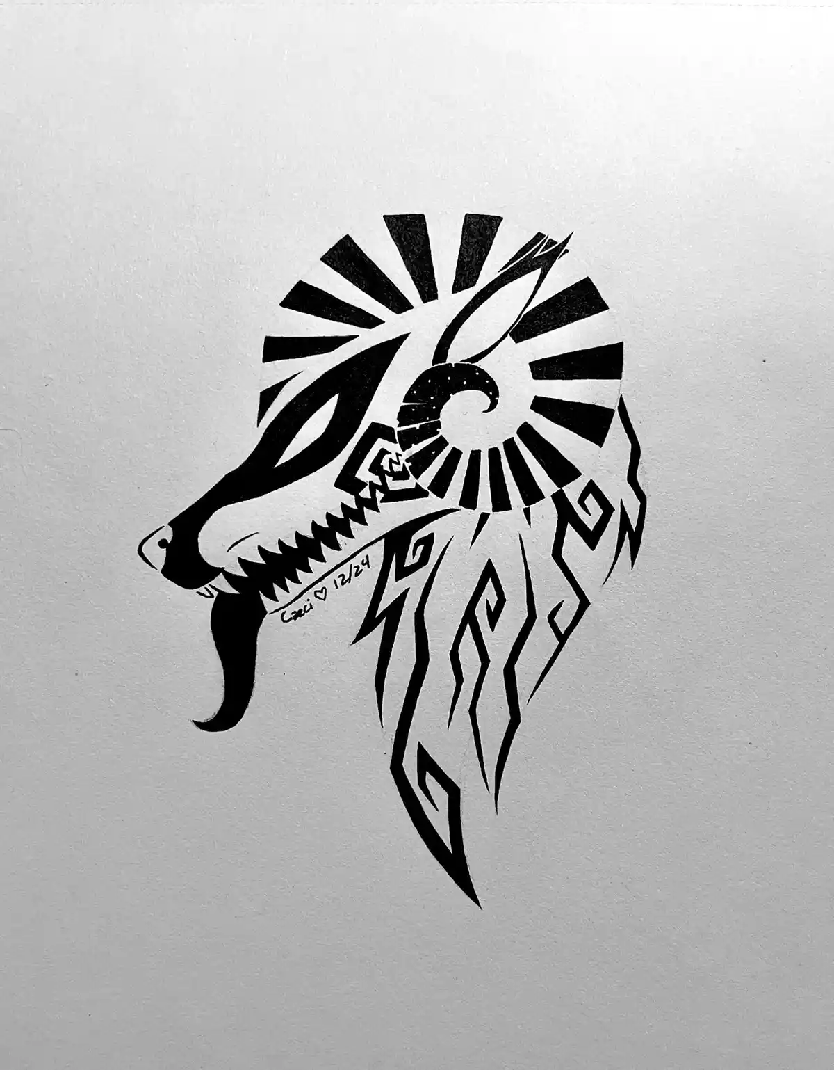 A black and white stylized drawing of a wolf's head in profile, featuring sharp geometric patterns, sunburst rays behind the…