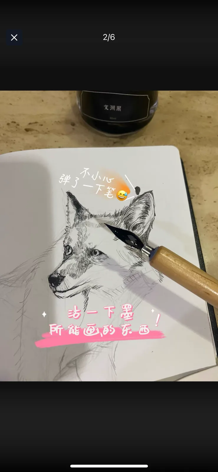 A close-up photo shows a detailed ink drawing of a fox's head on a sketchbook page, with a dip pen resting on the paper. A…