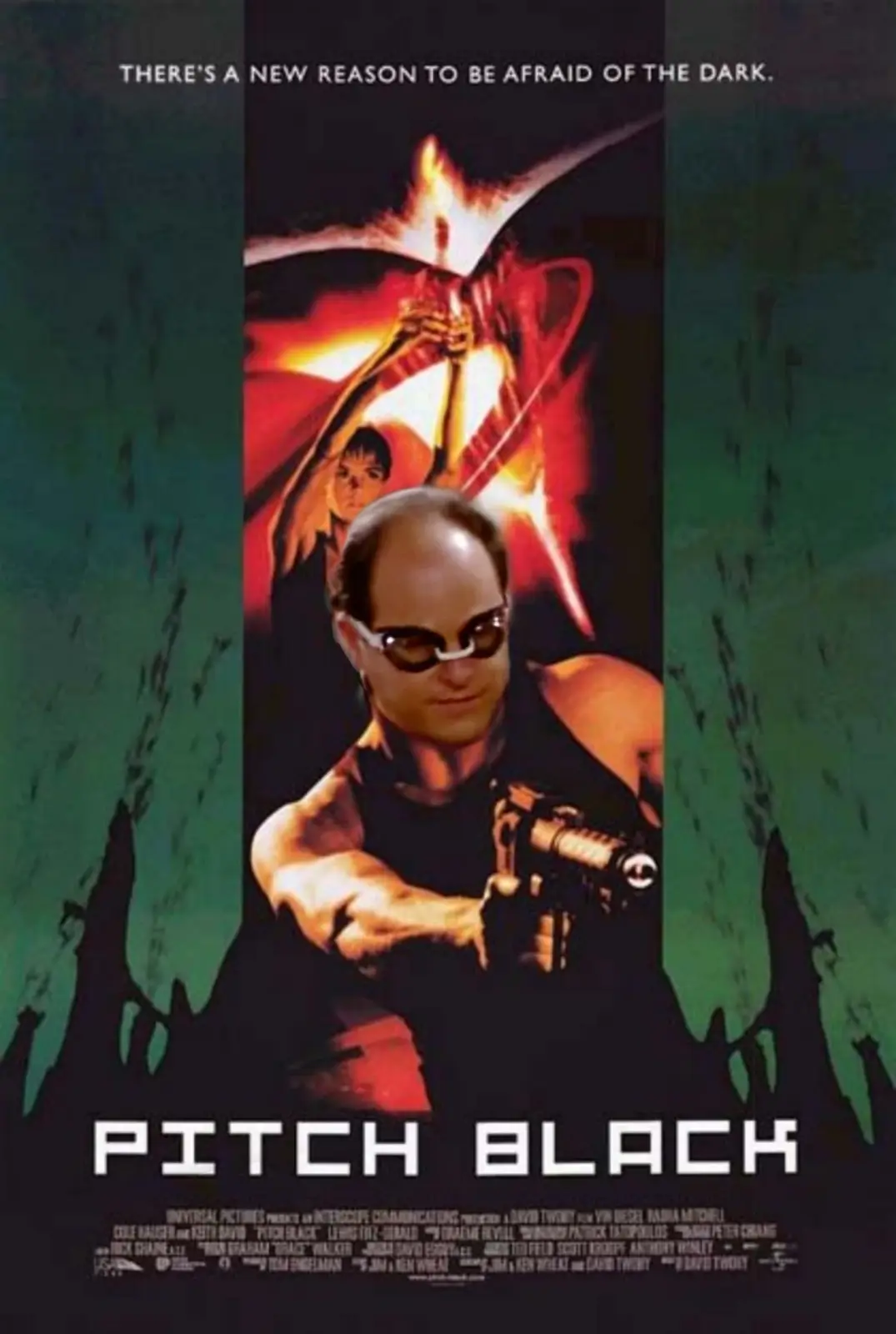 The image is a movie poster for 'Pitch Black' featuring a muscular man in sunglasses holding a gun, with a fiery, winged…