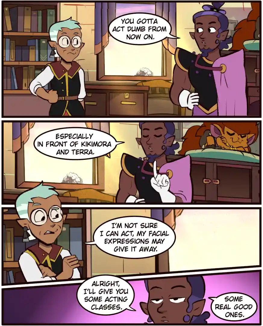 A four-panel comic strip featuring two elf-like characters in a room with bookshelves. The first character, with light blue…
