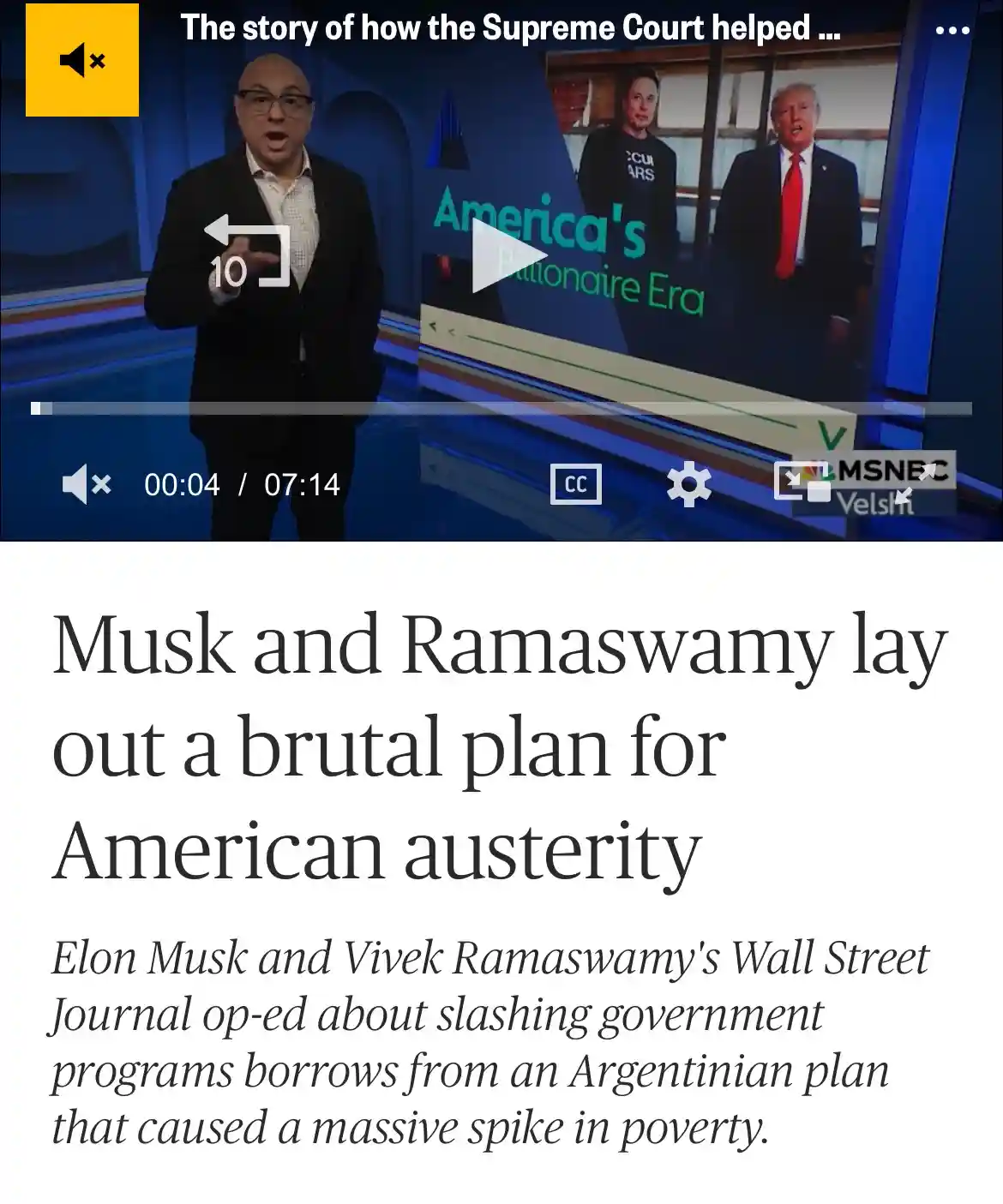 The image shows a screenshot of an MSNBC video player with a news anchor on screen. Behind him, a video thumbnail displays…