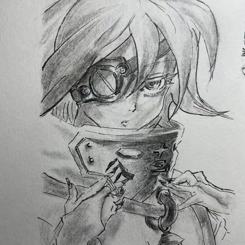 A pencil sketch of an anime-style character with goggles and a high collar, looking down with a displeased expression while…