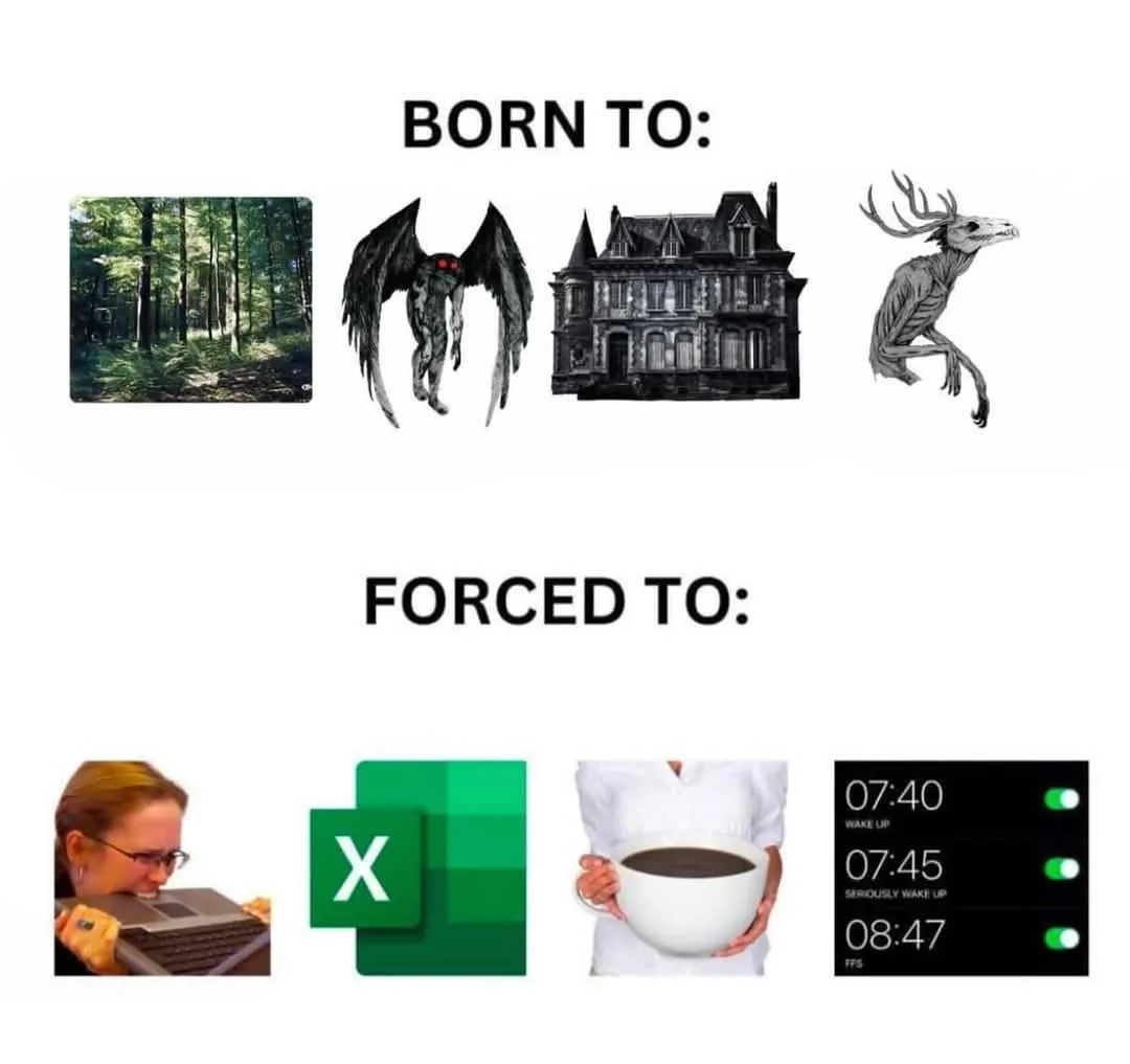 The image displays two rows under bold text. The top row, 'BORN TO:', shows four images: a sunlit forest, a winged…