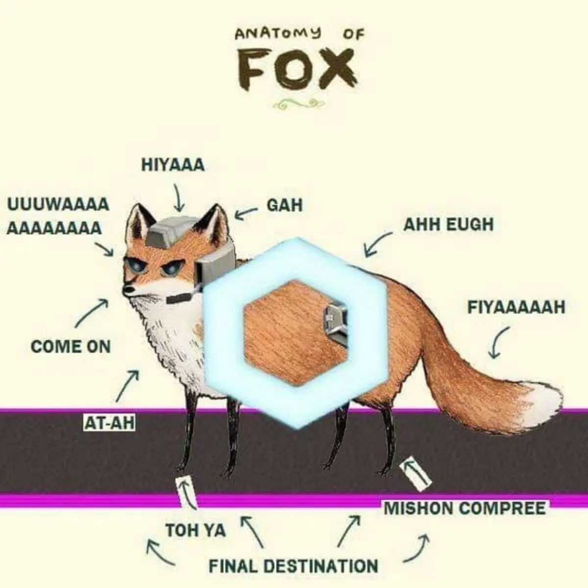 An illustrated fox is labeled with various exaggerated sound effects like 'HIYAAA', 'GAH', and 'FIYAAAAAH' pointing to…