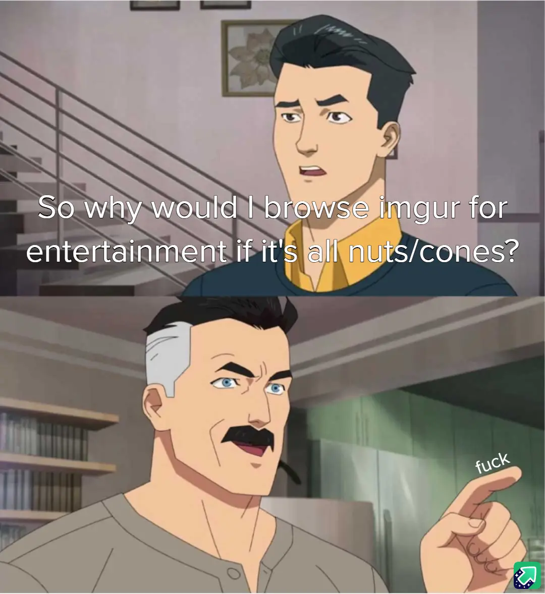 The top panel shows a cartoon man with a confused expression, overlaid with the text 'So why would I browse imgur for…