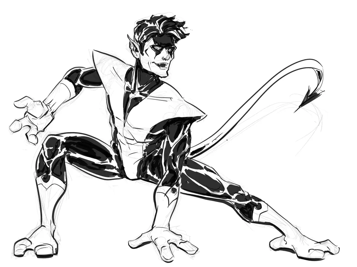 A black-and-white sketch of a muscular, feline-like humanoid with pointed ears, a long tail, and a confident grin, posed in…