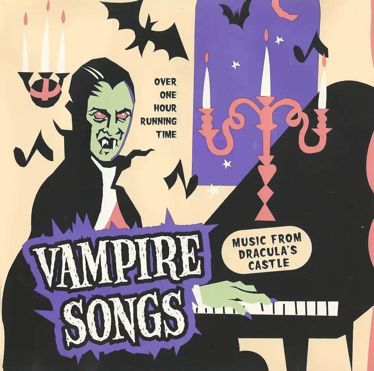 A vintage-style album cover depicts a green-skinned vampire with fangs in a black suit, seated at a black piano with a green…