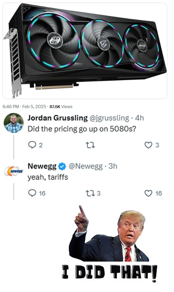 The image shows a screenshot of a Twitter thread where a user asks if the pricing for 5080 graphics cards went up, and…