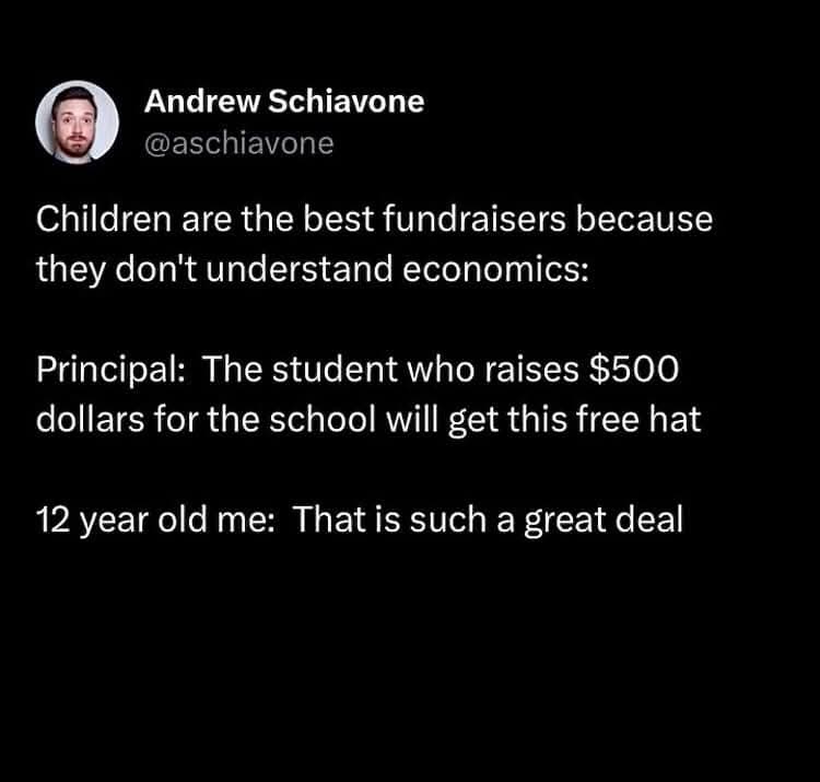 A black background image displays a tweet by Andrew Schiavone showing a humorous school fundraiser scenario. The text…