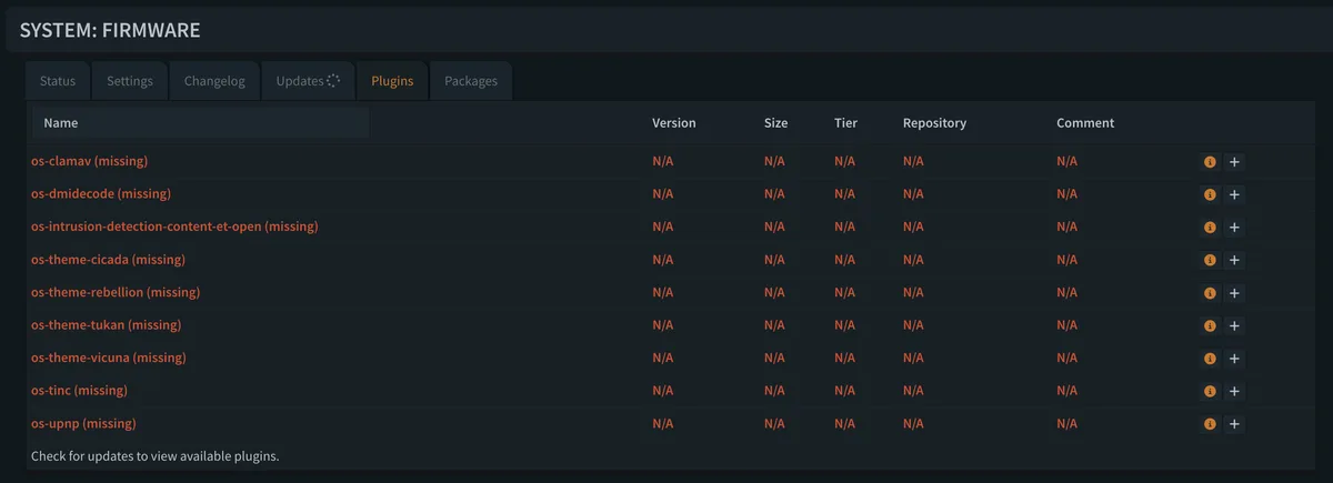A dark-themed firmware management interface shows a 'Plugins' tab with a list of plugins all marked as 'missing' including…