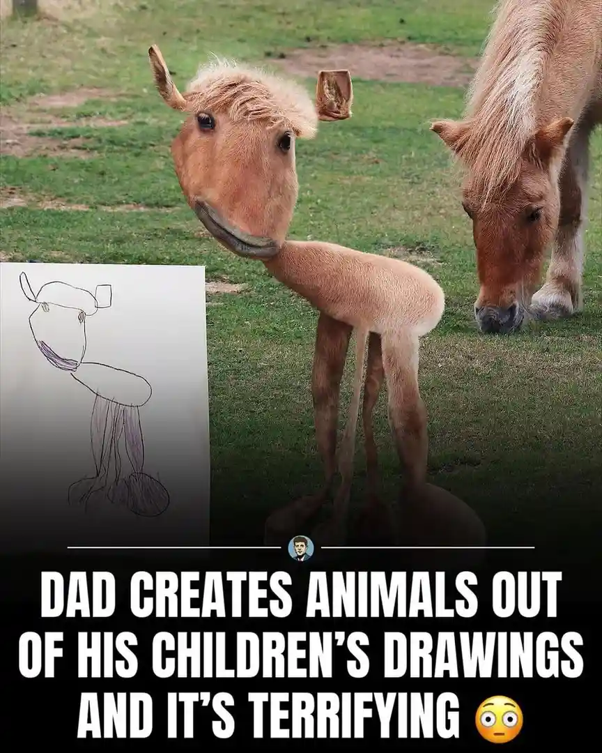 A small, light-brown horse with an unnaturally long neck and thin legs stands in a grassy field, looking at the camera. To…