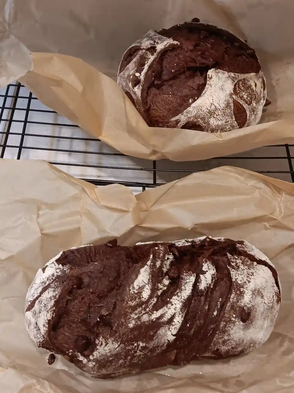Two loaves of dark chocolate bread, one round and one oblong, both dusted with flour and resting on parchment paper atop…
