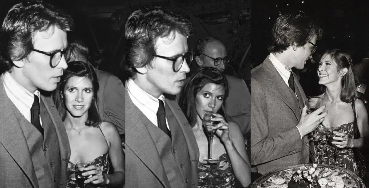 A black-and-white triptych shows a man in glasses and a suit interacting with a woman in a dress at a party. In the first…