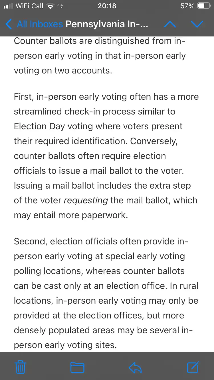 A screenshot of a mobile email app showing a text message about Pennsylvania election procedures. The visible text explains…