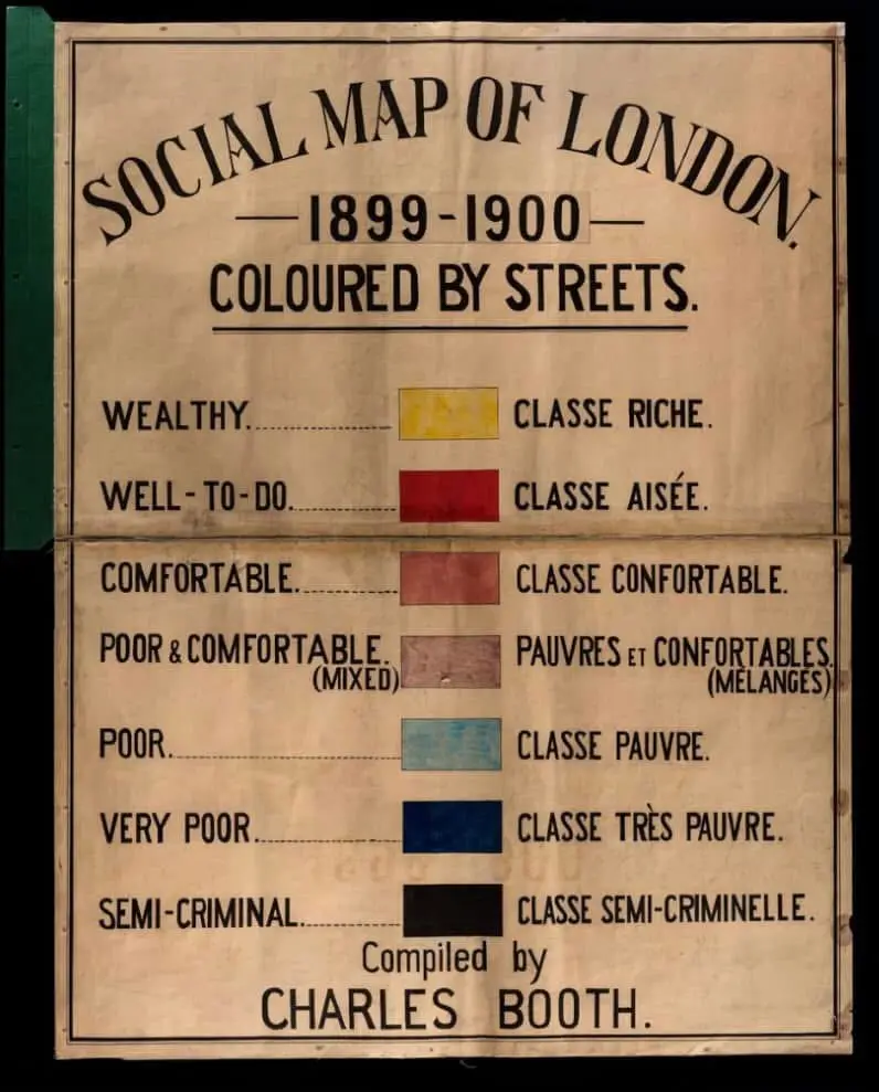 An aged, sepia-toned poster titled 'SOCIAL MAP OF LONDON. —1899-1900— COLOURED BY STREETS.' displays a classification system…