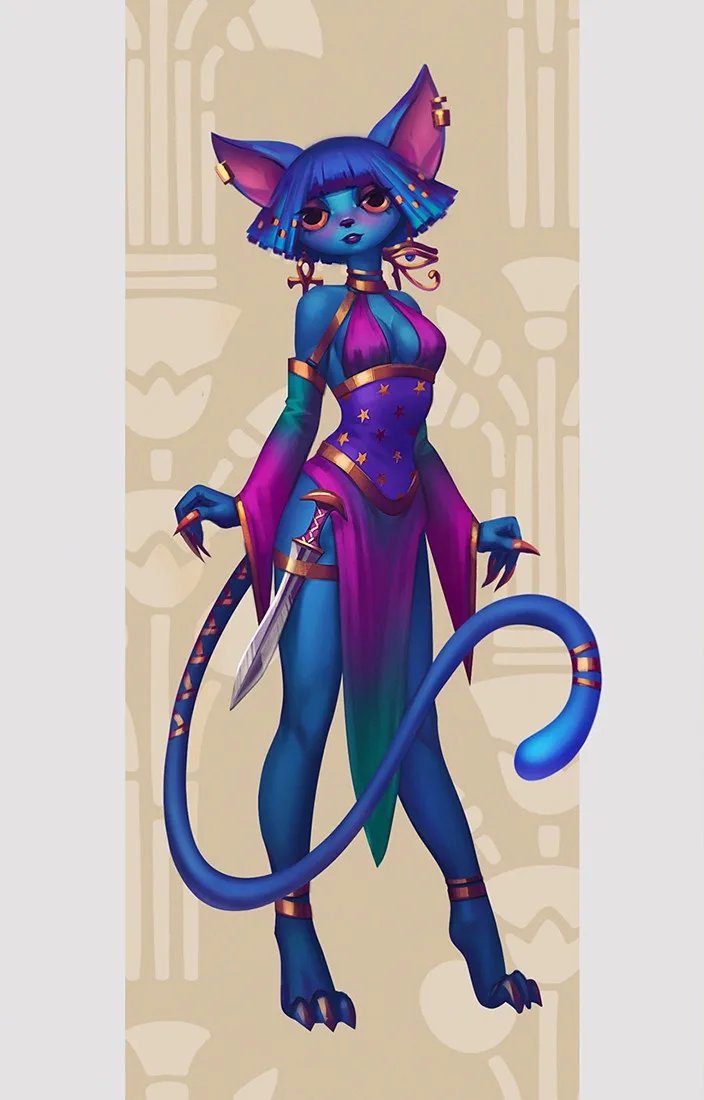 A blue-furred anthropomorphic cat with large pointed ears, a long tail, and clawed hands stands confidently holding a sword…