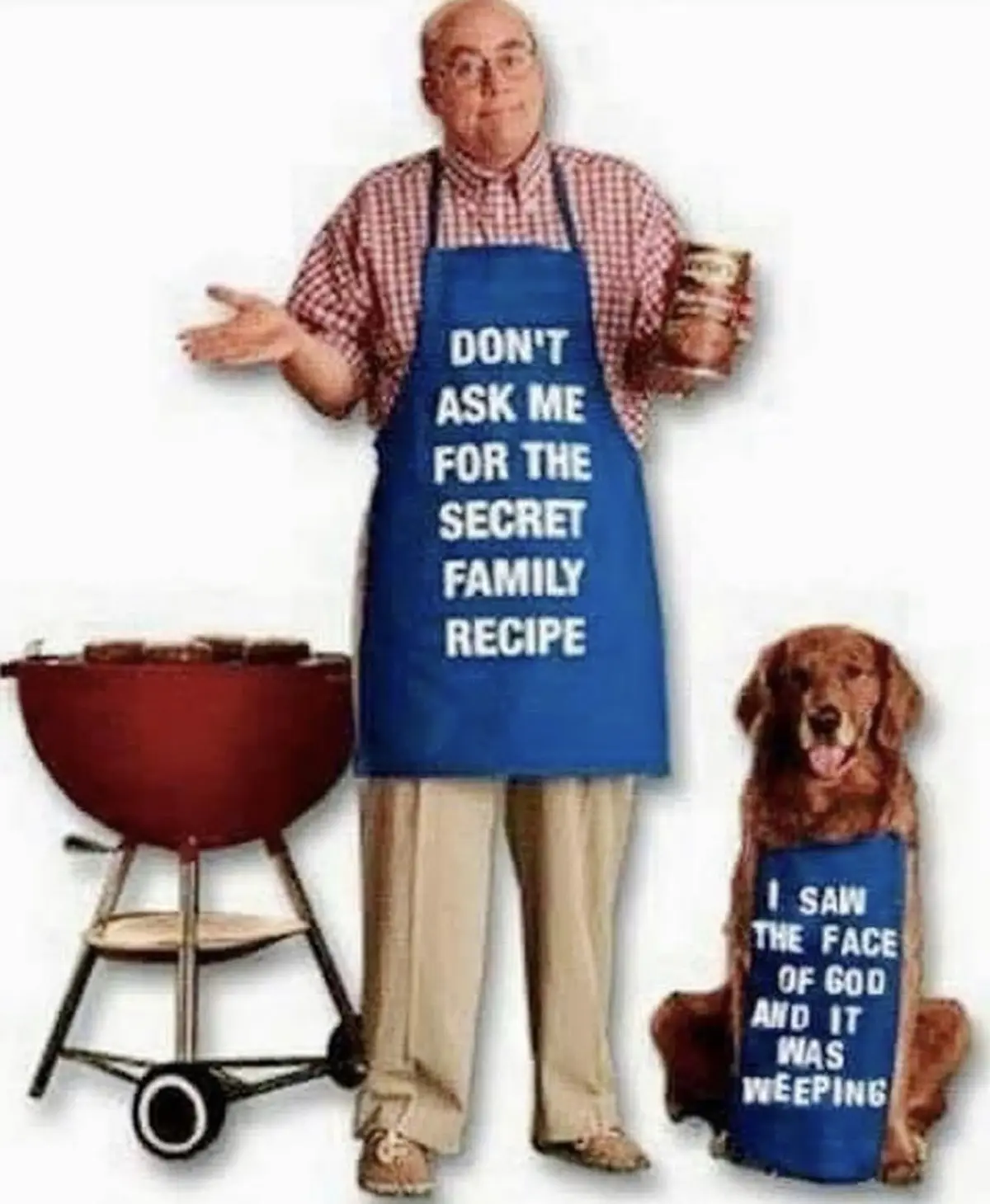 A bald man in a red plaid shirt and beige pants stands beside a red barbecue grill, wearing a blue apron that reads 'DON'T…