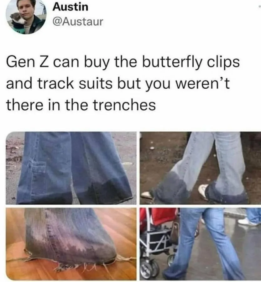 Four images show people's worn-out, dirty, or frayed jeans, implying generational contrast. The overlaid text says 'Gen Z…