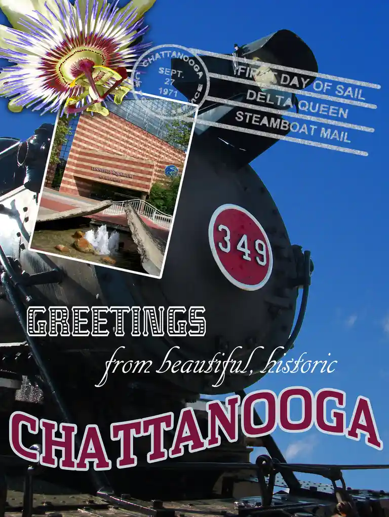 The image is a collage featuring a steam locomotive with the number 349, overlaid with text that reads 'GREETINGS from…
