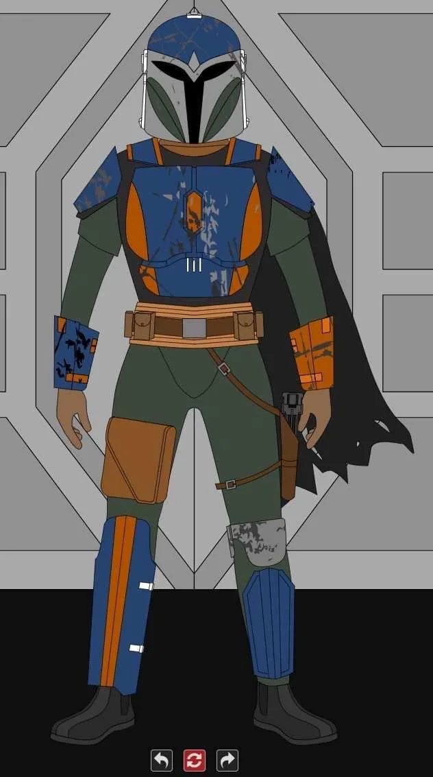 A full-body illustration of a Mandalorian-style character in blue, orange, and green armor with a helmet, standing in front…