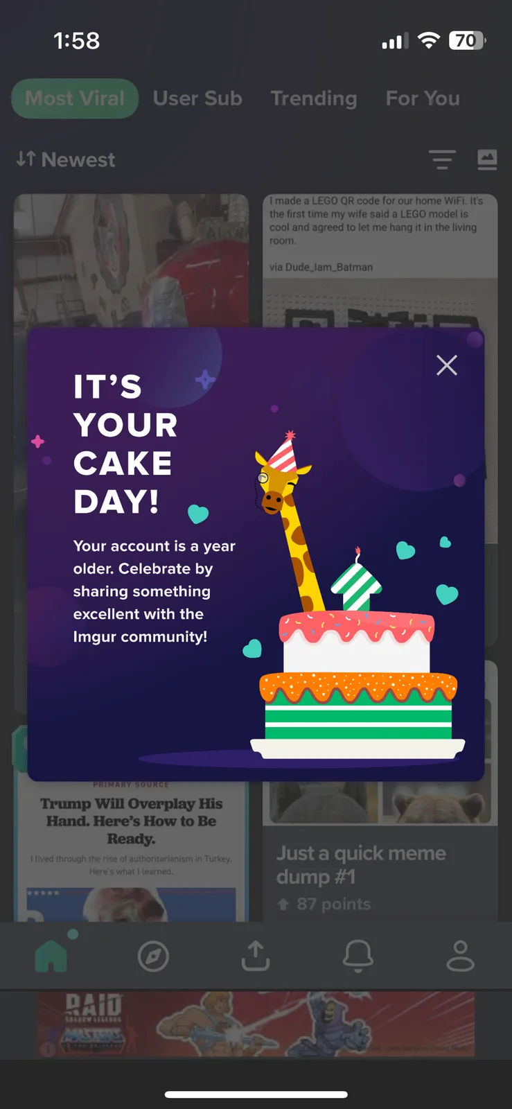 A purple pop-up notification on the Imgur app shows a cartoon giraffe wearing a party hat next to a two-tiered birthday cake…