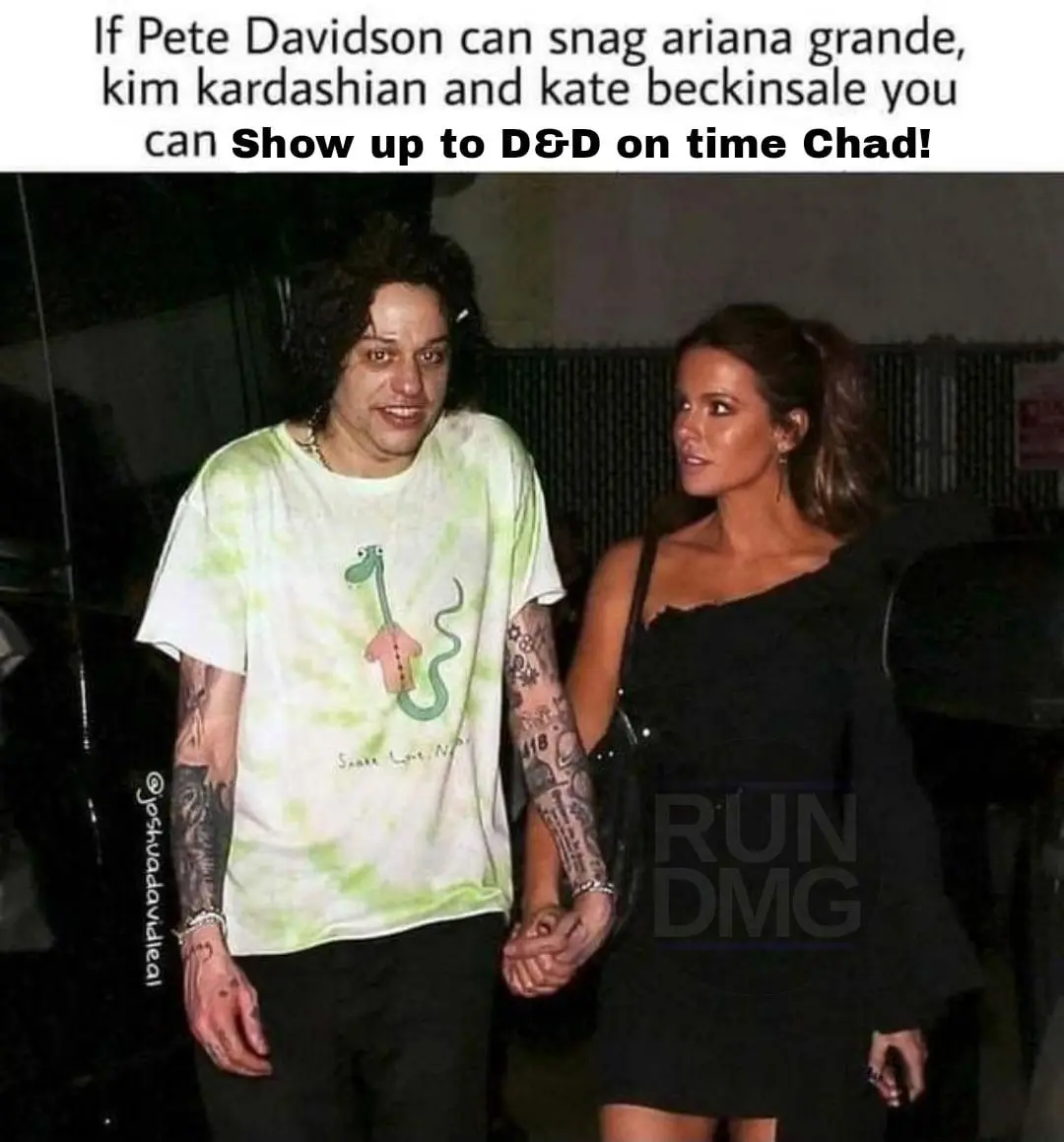 A photo of Pete Davidson and Kate Beckinsale holding hands, with text overlaid that reads 'If Pete Davidson can snag ariana…
