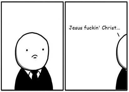 A two-panel comic strip featuring a minimalist, bald, white-faced character in a suit. In the first panel, the character has…